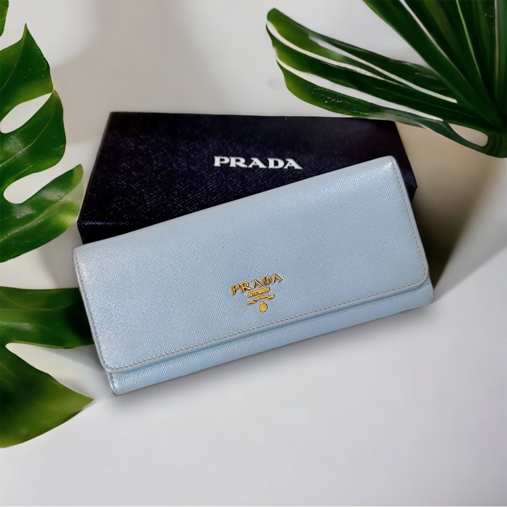 PRADA Cammeo Saffiano lt blue Leather Long Continental Wallet original box H97